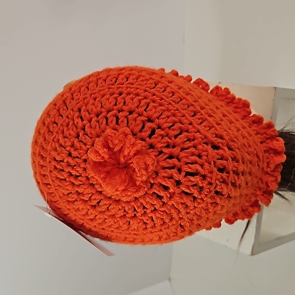 Hand Knit Crochet Bucket Hat Orange Floral Ruffle - Picture 11 of 17